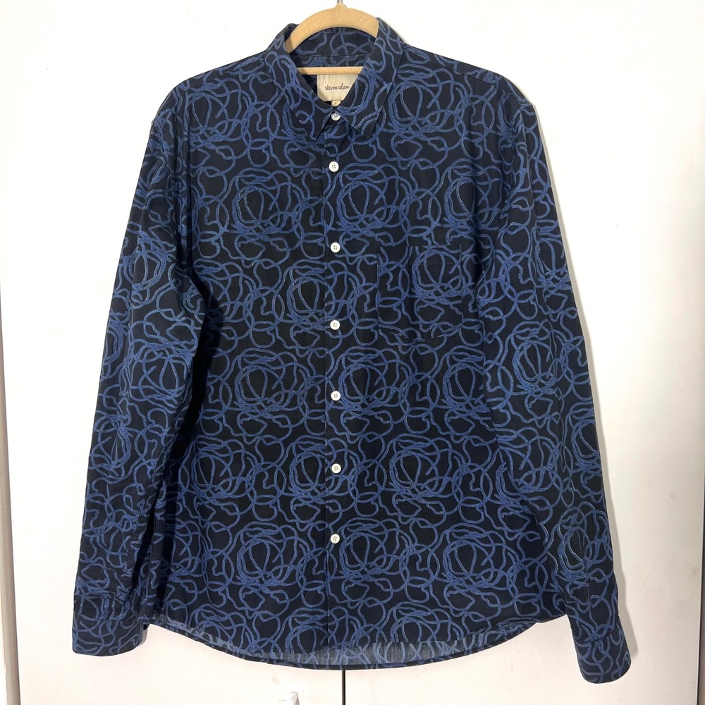 Steven Alan Button Down Shirt Mens L Blue Cotton Abstract Geometric Artsy Preppy